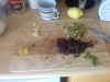 Second Biscotti ingredients - lemon zest, grated ginger, dark choc, pistachios and lemon balm.