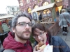 Tucking into a bratwurst
